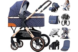 DADYA Pushchairs Strollers Infant Prams 3 in 1 Baby ​Travel System with Car Seat Easy Fold Stroller Rain Cover Mosquito Net Cotton pad Fan Baby Carrier Mummy Bag Milk Cup Holder 8 Gift (Blue)