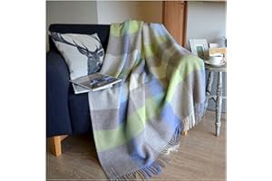 LINEN & COTTON Pościel i bawełna Devon ciepły i miękki koc w kratkę z frędzlami - 100% czysta wełna nowozelandzka, szary niebieski zielony (140 x 200 cm) koc zimowy dla kobiet, narzuta, narzuta na sofę