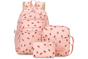 Qubitly 3-Piece Set Strawberry Kids Backpack, School Backpack with Crossbody Bag & Wallet, Pink Backpack for Girls Teens Women, Waterproof School Bag for Daily Use & Travel