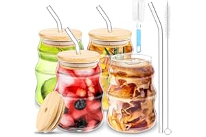 BUOAZR 4 Pezzi Latte Macchiato Bicchieri da Caffè, 530ML Tazze in Vetro Ondulato, Bicchieri da Tè in Vetro, con Coperchio e Cannuccia in Vetro e Pennello, per Tè, Birra, Latte, Caffè, Cocktail