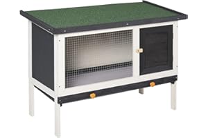 PawHut Conigliera da Esterno in Legno di Abete, Casetta per Conigli con Vassoio Estraibile, Tetto Apribile in Bitume e Rete Metallica, 90x45x65cm, Grigio Scuro, Bianca e Verde