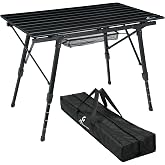 Sportneer Camping Table - 90cm x 52cm Height Adjustable Aluminum Folding Table with Mesh Layer on Top - Roll Up Camping Table