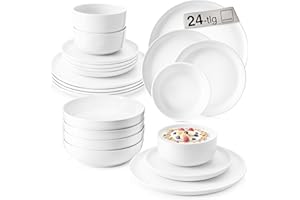 SÄNGER | Tafelservice Marlo Weiß, 24-teiliges Geschirrset für 6 Personen mit Dessert-, Speisetellern, Schalen & Müslischalen aus Porzellan, Teller Set, Essgeschirr, moderne Form PREMIUM COLLECTION