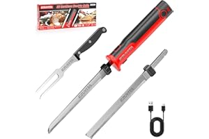 EZUVITA 8V Cordless Electric Knife Set, Rechargeable Electric Carving Knife with Reciprocating Blades, Fork, interchangeable 2000mAh Battery, Suitable for Turkey, Meat, Poultry, Bread, Cheese (Red)