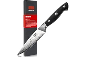 SHAN ZU Coltello da Frutta Damasco 9,5 cm, Coltello Piccolo da Frutta e Verdura, Coltello da Cucina per Sbucciare in Acciaio Damasco (AUS-10), Manico Ergonomico G10 - SUN Series