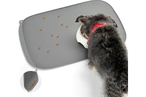 Conlun Tapis de Nourriture pour Chien avec Poche Latérale & Œillet d'Accrochage, Bords Surélevés Doux, Nettoyage Facile Imperméable Antidérapant en Silicone pour Gamelle (60x40cm,Gris)