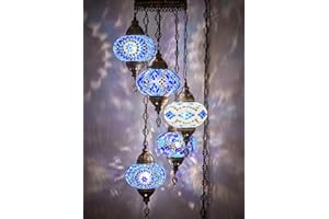 DEMMEX Lampe à brancher, plafonnier suspendu en mosaïque colorée turque marocaine, luminaire suspendu, lustre avec cordon de 4,5 m et prise UE, 5 abat-jour, aucun câblage requis, pend 110 cm
