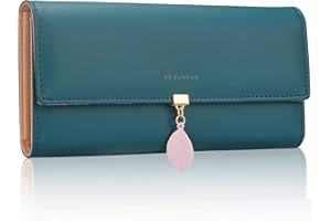 FT FUNTOR PU Leather Wallet for Women RFID Blocking Ladies Leaf Pendant Coin Zipper Long Purse with Multiple Card Slots and Card Holders Phone Pocket(L-Teal Blue)
