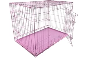 HugglePets Large Foldable Dog Crate - Pink (Large 91 x 61cm) Lockable Stainless Steel Double Door Cage for Dogs with Slide Out Metal Tray & Detachable Carry Handle Ideal for Home & Travel.