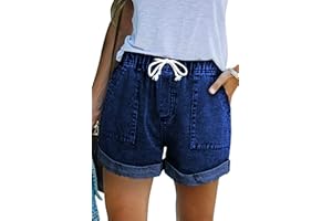 GOLDPKF Womens Denim Jean Shorts Cotton Casual Drawstring Elasticated Waist Shorts Summer Stretch Hot Pants