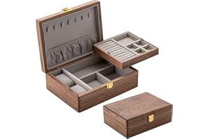 muso wood Drewniana szkatułka na biżuterię z prawdziwego drewna orzecha włoskiego, 2 poziomy, do przechowywania biżuterii, luksusowa szkatułka na biżuterię, na naszyjniki, bransoletki, kolczyki