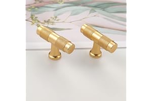 Pexintek 2 Tirador de armario de un solo agujero Modernos Dorados en T Macizos Para Gabinete Manijas Para Cajones de Cocina Pomos Vintage Para Armarios de Cocina, Cómoda (Oro Cepillado)
