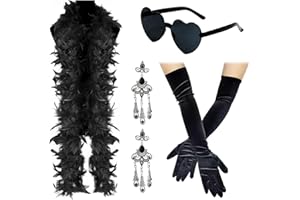 Ourdort Federboa Schwarz Lange Schwarze Handschuhe Ohrringe Randlosen Sonnenbrillen Gatsby Thema Party Zubehör für Fraue 20er Jahre Kostüm Damen Set für Karneval Fasching Cosplay Mottoparty