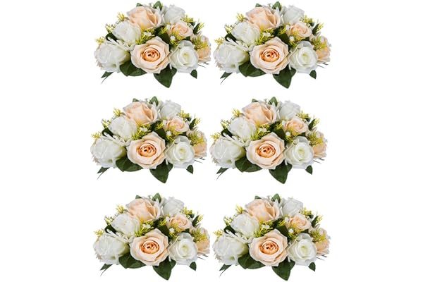 Nuptio 6 Delar Champagne Vit Falska Blomsterbollarrangemang Bukett 15 Huvuden Konstgjorda Blommor Plastrosor Med Bas för Bröllopsbord Mittpunkter Födelsedagsfester Hjärtans Dag Heminredning