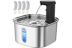 PETLIPO Fontaine à Eau pour Chat sans Fil en Acier Inoxydable + 4 Filtres de Rechange, 108oz 3.2L, 5000mAh Rechargeable Batterie Automatique Fontaine à Eau pour Chat et Chien