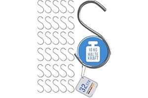 HOHAGE S Hooks & Kitchen Hooks (Pack of 32) - Strong & Robust S Hooks Stainless Steel Hooks for Hanging - Universal Use in Kitchen, Garden, Bathroom or for Wardrobe as Clothes Hooks