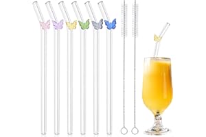 JINGIHE Zestaw 6 Szklanych Słomek Wielokrotnego Użytku z 2 Szczoteczkami do Czyszczenia, Przezroczyste Szklane Słomki Motylkowe o Wymiarach 20 cm x 8 mm do Koktajli, Koktajli i Soków