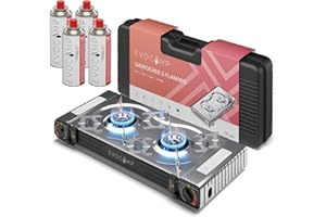 ‎EVOCAMP Gaskocher 2-flammig mit Piezozündung - Campingkocher für Gaskartuschen MSF-1a 227g - Camping Gaskocher für Campinggaz - Campingkocher 2 flammig - Campinggaskocher - Camping Herd + 4 Gaskartuschen