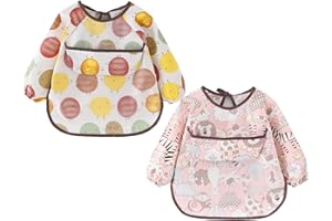 ATOPO Lot de 2 Bébé Bavoirs avec Manches Longues Imperméable Bavoirs d'allaitement Lavable Tablier en Coton pour 6-36 Mois Enfants Mangeant Peinture et Jeu