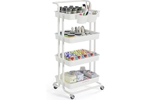 SONGMICS Chariot de Rangement, 4 Niveaux, Desserte sur roulettes, Étagère, Poignée, 2 Pots, 2 Freins, Paniers en Plastique, Montage Facile, Chambre, Cuisine, Blanc BSC077WZ01