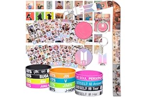 SOSAYI BTS Fanartikel Geschenk Set Für Army, Bangtan Boys Merch mit 12 BTS Armbänder, 2 Brosche, 1 Schlüsselanhänger,1 Handy Ring, 1 Schlüsselband, 12 Aufkleber, 40 Photocard