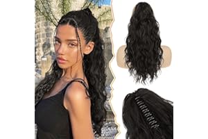 ‎BARSDAR BARSDAR Klauen Clip Pferdeschwanz Verlängerung, 45 cm Lange Lockige Wellige Schwarz Braun Pferdeschwanz Haarverlängerungen Natürliche Synthetische Haarteile für Frauen (Schwarz Braun)