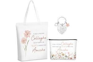 Xuniea 3 Pezzi Set di Regali per Colleghi Natale 1 Portachiavi con Scritta 1 Borsa Cosmetica Colleghe 1 Borsa di Tela Tote Bag Collega Pochette Portatrucchi Regalo di Ringraziamento Donna Compleanno