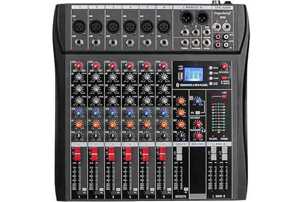 Depusheng DX6 Table de mixage Console de carte son Interface système de bureau 6 canaux Entrée MP3 Alimentation fantôme 48 V Stéréo DJ Studio FX Châssis en acier, Mélangeur audio USB Bluetooth pour PC
