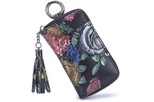 Aileder Key Wallets for Women Ladies Leather Key Pouch Keyring Purse Wallet Hand Painted Flowers Car Key Case Holder with 8 Key Hooks Card Slots Tassel Zipper (Gold Rose)