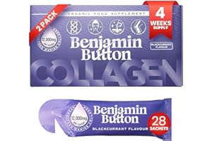 Benjamin Button Marine Collagen Liquid Sachet w/Hyaluronic Acid & Vitamin C | for Hair, Skin, Nails & Joints | 12,000mg High Strength Hydrolysed Collagen (Blackcurrant, 28x Sachets)