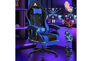 ALFORDSON Sedia Gaming con 2 Punti di Massaggio, Sedia da Gamer con Poggiatesta e Supporto Lombare Regolabile, Poggiapiedi, Sedia da Ufficio Reclinabile a 150°, Blu e Nero