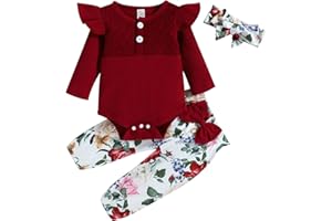 Saeevima Kleinkind Baby Mädchen Kleidung Set Einfarbig Langarm Pullover Body Strampler Top Rüschen Elastische Taille Blumen Lange Hosen Stretch Stirnband Mädchen Bekleidungsset