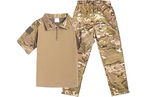 QIYUANT Kinder T-Shirt Militärhose Sets Tarnung Airsoft Taktisch Militär Sommer Kurzarm Camo Armee Top + Hose Outdoor Camping Uniform Junge Mädchen Herren Damen