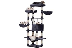 Heybly Rascador para Gatos, Árbol para Gatos, Altura 173 cm, Torre de Gato, con 17 Postes Rascadores, 2 Plataformas, 2 Cesta, 1 Cueva, 1 Hamaca, 2 Pompones, Tela de Felpa, Gris Ahumado HCT025G