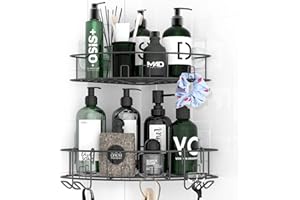 Radikor Duschablage Ohne Bohren Ecke, Selbstklebend Duschregal Eckregal, Badezimmer Regal Edelstahl, Badezimmer Organizer mit 10 Haken, Duschkorb Shampoo Halterung für Dusche, Badregal Schwarz, 2 Pack