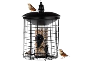 Cult at Home Vogel Futterhaus – Futtersäule mit Schutzkäfig – Vogelhaus taubensicher für kleine Vögel Wildvögel – Vogelfutterhaus zum Aufhängen – Metall Schwarz Höhe 29 cm