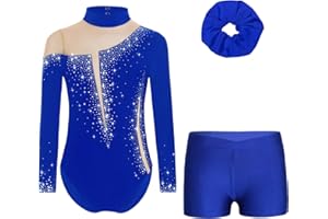 ranrann Enfant Fille Ensemble de Gymnastique Justaucorps Strass et Short avec Chouchou Tenue Patinage Artistique Danse