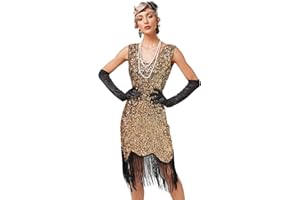 FYMNSI Damen 1920er Jahre V-Ausschnitt Pailletten Fransen Kleid Flapper Charleston Kleider Cocktailkleid Partykleid 20er Jahre Kostüm Abschlussballkleid