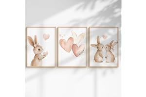 Generisch Set med 3 barnrumsplakater för flicka - Väggmålningar med häst, prinsessa, djur och regnbåge - Bedårande inredning för flickas rum (kanin och hjärtan, format A3, utan)