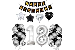 BOMICLSS 18th Birthday Decorations for Boys Girls Black Silver Happy Birthday Balloons Supplies 18 Birthday Party Set with 18 Sliver Number Balloons Happy Birthday Banner and Foil Star Balloons(18th-birthday)