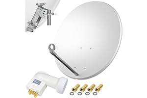80cm Spiegel Schüssel Stahl + Logisat Quad LNB | 4 Teilnehmer SAT Anlage HD Digital Set hellgrau | DVB-S/S2 Full HDTV 3D 4K Ultra HD UHD Empfang