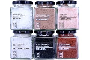 DAMUNE Sali Gourmet: Sale Nero Black Lava Hawaii (200g), Sale Rosso Alaea Hawaii (200g), Scaglie di Cipro (100g), Fiore di Sale Delta dell'Ebro (150g), Sale Kala Namak (200g) e Sale Rosa (200g)