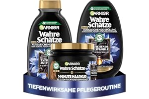 ‎GARNIER Garnier Ausgleichendes Haarpflege-Set, Gegen schnell fettende Kopfhaut und trockene Haarlängen, Shampoo (250 ml), Spülung (200 ml), 1-Minute Haarkur (340 ml), Wahre Schätze, 3-teilig