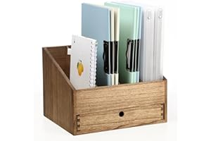 KIRIGEN Wooden Desktop File Organiser with Drawer, 4 Compartments, Desk File Storage Manager, Wooden Folder Organizer for School and Office(4K-DBR)