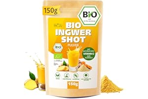‎HE-JU He-Ju Bio Ingwer Shot Pulver 150g mit natürlichem Vitamin C aus Acerola, extra scharf, 75 Portionen, Vegan, ohne Zusätze, Laborgeprüft, frei von Zucker, 100% natürliche Zutaten