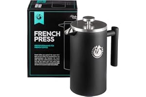 ‎COFFEE FOX French Press Kaffeekanne aus doppelwandigem Edelstahl Schwarze Pressfilterkanne Französische Kaffeepresse (Schwarz, 1000 ml)