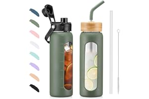 BLUEGO 700ML Bouteille d'eau en Verre et 2 Couvercles Gourde Reutilisable Tasse à Café avec Marqueur de Temps et Protecteur en Silicone Sans BPA pour Enfant et Adultes, Olive