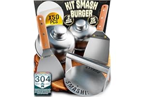 SMASHI BURGER SMASHI® Smash Burger Kit Profesional Acero Inoxidable 304 Certificado EU Contacto Alimentos | Prensa Hamburguesas + Espátulas con Mango de Madera + Accesorios | Incluye 25 Recetas (Profesional)