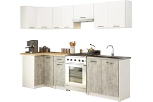 AKORD | Set di Mobili da Cucina Olivia 3m | Cucina Completa Piccola | Componibile | su Misura 46 x 180 x 174 cm | Per un design moderno e Tradizionale | Bianco & Cemento Frontale