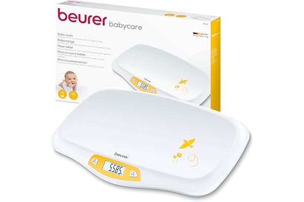 Beurer BY 80 Pèse-bébé avec surface incurvée, capacité de 20 kg, fonction de tare et de maintien pour les bébés qui donnent des coups de pieds, mesure et affichage par graduation de 5g